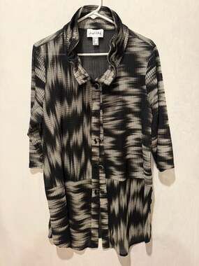 Joseph Ribkoff Black and White Tie-Dye Knit Button-Up Shirt Dress, Size 14 (US)